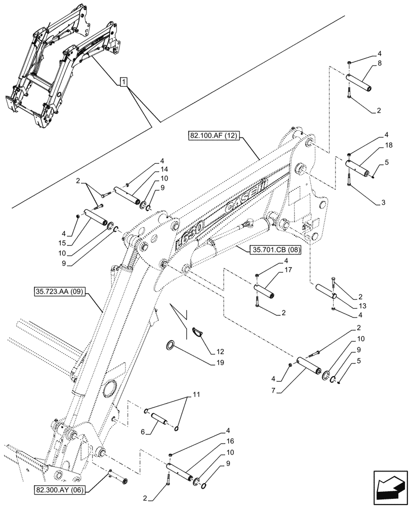 Схема запчастей Case IH FARMALL 90C - (82.100.BG[06]) - VAR - 336744, 336746 - LOADER ARM, PIN, W/ SELF-LEVELING (82) - FRONT LOADER & BUCKET