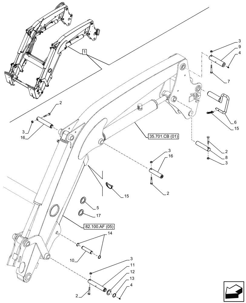 Схема запчастей Case IH FARMALL 100C - (82.100.BG[03]) - VAR - 336732, 336914 - LOADER ARM, W/DIVERTER, PIN, W/O SELF-LEVELING (82) - FRONT LOADER & BUCKET