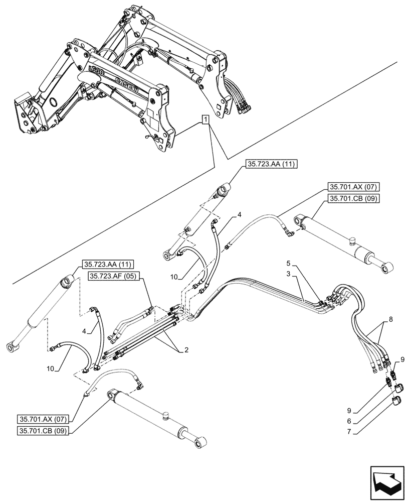 Схема запчастей Case IH FARMALL 120C - (35.723.AB[07]) - VAR - 336744, 336746 - LOADER ARM, BUCKET CYLINDER LINES, W/DIVERTER, W/ SELF-LEVELING (35) - HYDRAULIC SYSTEMS