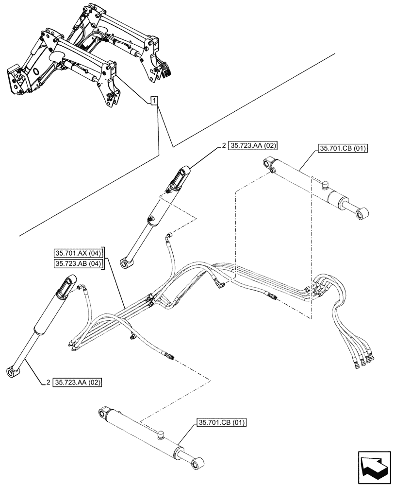 Схема запчастей Case IH FARMALL 120C - (35.723.AA[06]) - VAR - 336734, 336736 - LOADER ARM, BUCKET CYLINDER, MOUNTING, W/DIVERTER, W/ SELF-LEVELING (35) - HYDRAULIC SYSTEMS