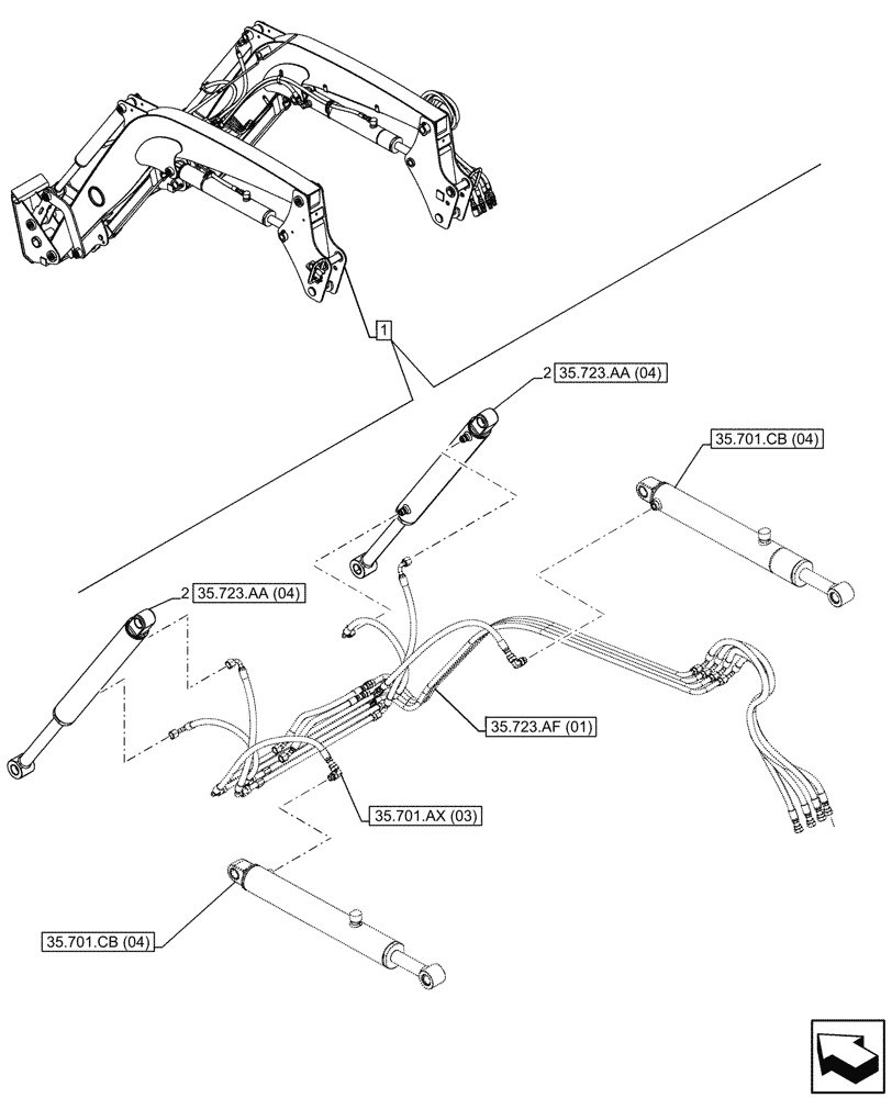 Схема запчастей Case IH FARMALL 120C - (35.723.AA[05]) - VAR - 336732, 336914 - LOADER ARM, BUCKET CYLINDER, MOUNTING, W/DIVERTER, W/O SELF-LEVELING (35) - HYDRAULIC SYSTEMS