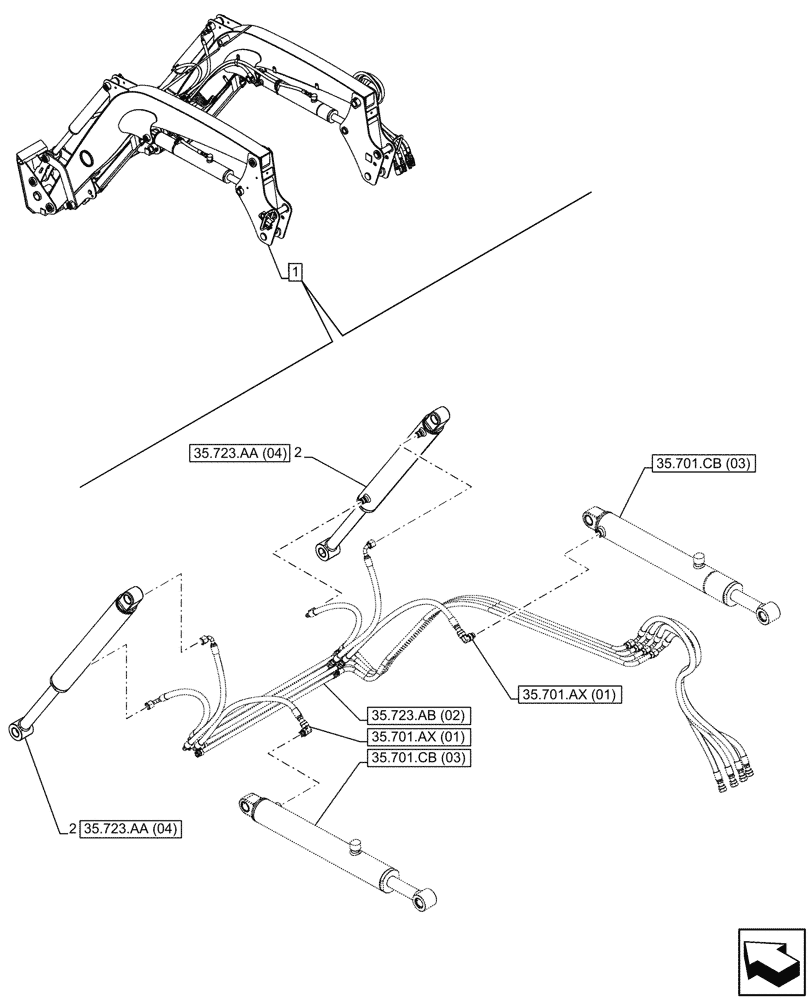 Схема запчастей Case IH FARMALL 100C - (35.723.AA[03]) - VAR - 336732, 336914 - BUCKET CYLINDER, MOUNTING, W/O SELF-LEVELING (35) - HYDRAULIC SYSTEMS