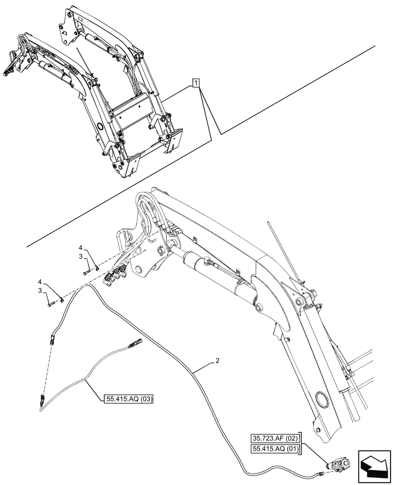 Схема запчастей Case IH FARMALL 90C - (55.415.AQ[02]) - VAR -336732, 336914 - LOADER ARM, CABLE, W/DIVERTER, W/O SELF-LEVELING (55) - ELECTRICAL SYSTEMS