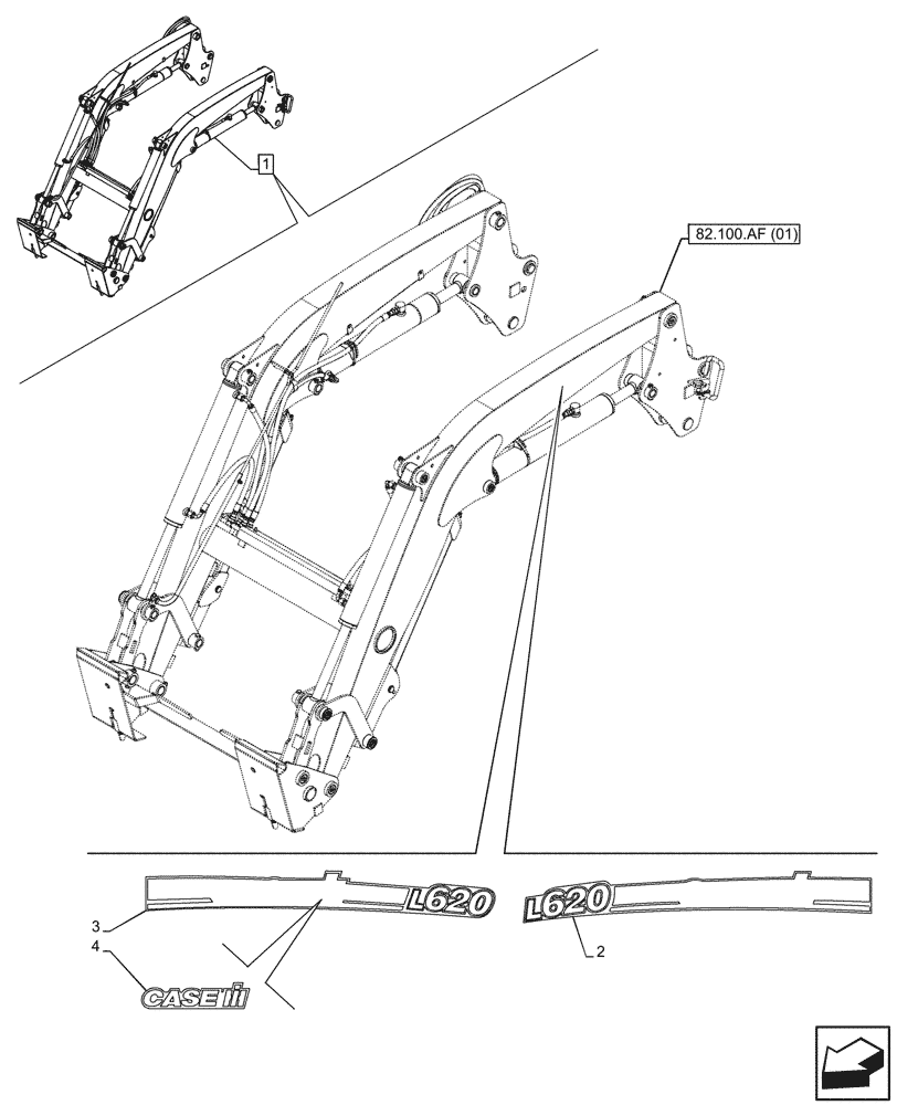 Схема запчастей Case IH FARMALL 100C - (90.108.AB[09]) - VAR - 336732, 336914 - LOADER ARM, MODEL IDENTIFICATION DECAL, W/O SELF-LEVELING (90) - PLATFORM, CAB, BODYWORK AND DECALS