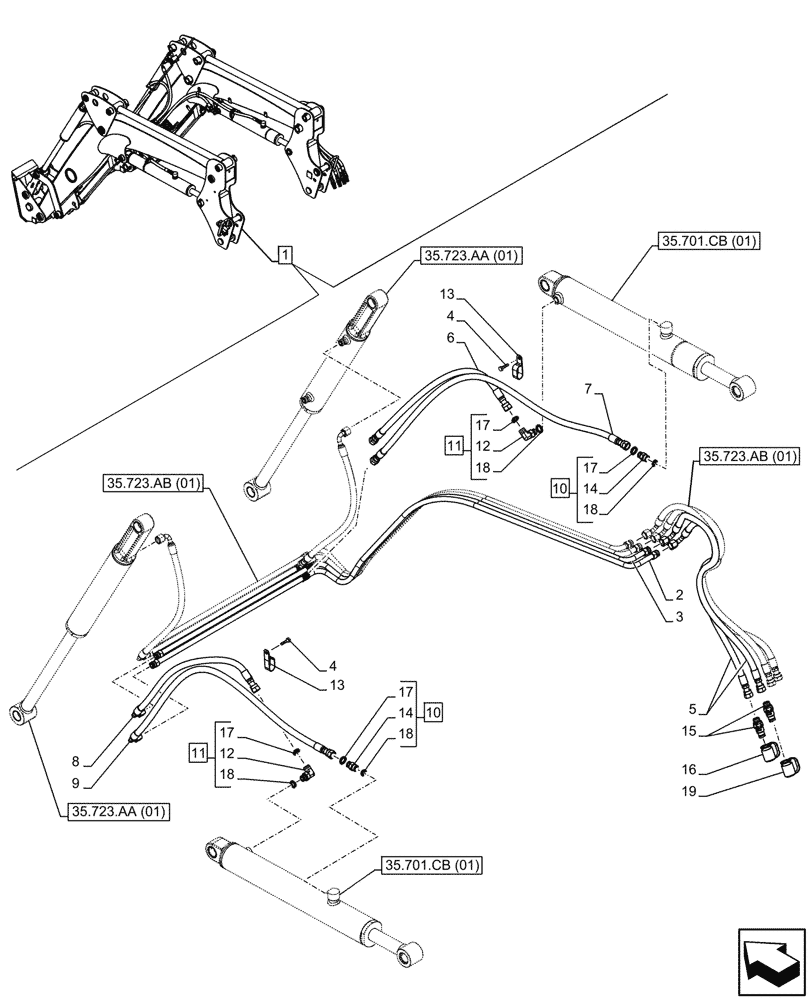 Схема запчастей Case IH FARMALL 110C - (35.701.AX[02]) - VAR - 336734, 336736 - LOADER ARM, BOOM CYLINDER LINES, W/ SELF-LEVELING (35) - HYDRAULIC SYSTEMS