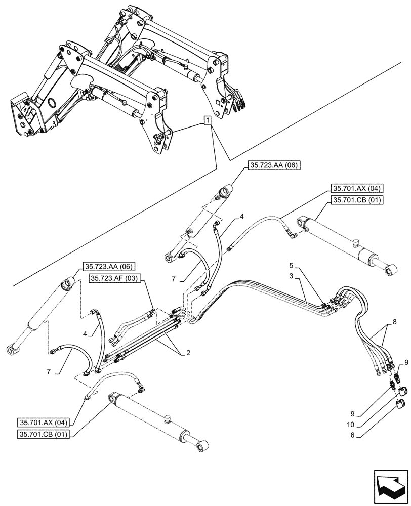 Схема запчастей Case IH FARMALL 110C - (35.723.AB[04]) - VAR - 336734, 336736 - LOADER ARM, BUCKET CYLINDER LINES, W/DIVERTER, W/ SELF-LEVELING (35) - HYDRAULIC SYSTEMS