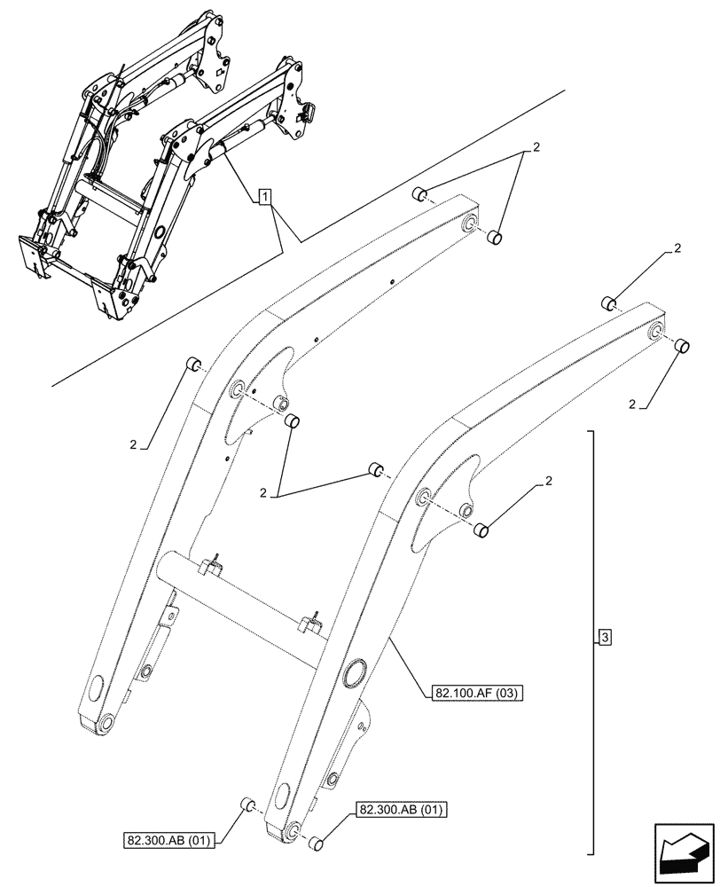 Схема запчастей Case IH FARMALL 100C - (82.100.AA[01]) - VAR - 336734, 336736 - LOADER ARM, BUSHING, W/ SELF-LEVELING (82) - FRONT LOADER & BUCKET