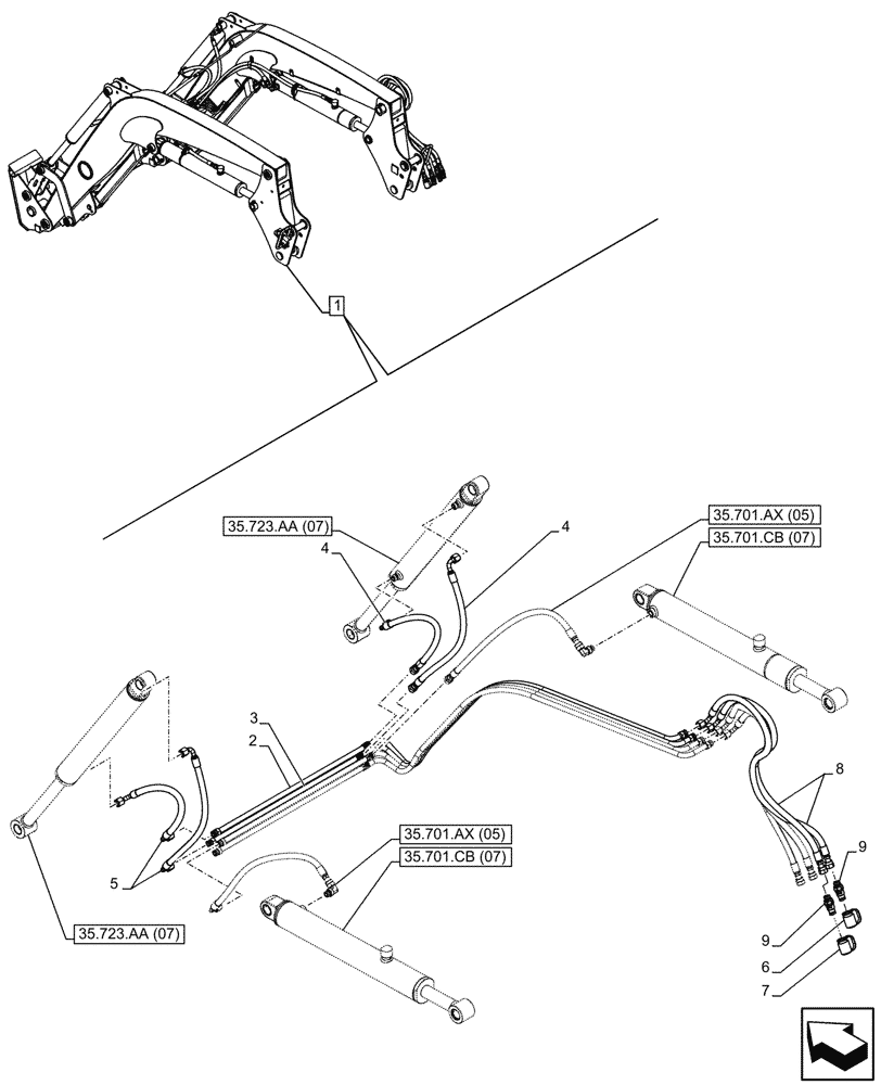 Схема запчастей Case IH FARMALL 120C - (35.723.AB[05]) - VAR - 336740, 336742 - LOADER ARM, BUCKET CYLINDER LINES, MOUNTING, W/O SELF-LEVELING (35) - HYDRAULIC SYSTEMS