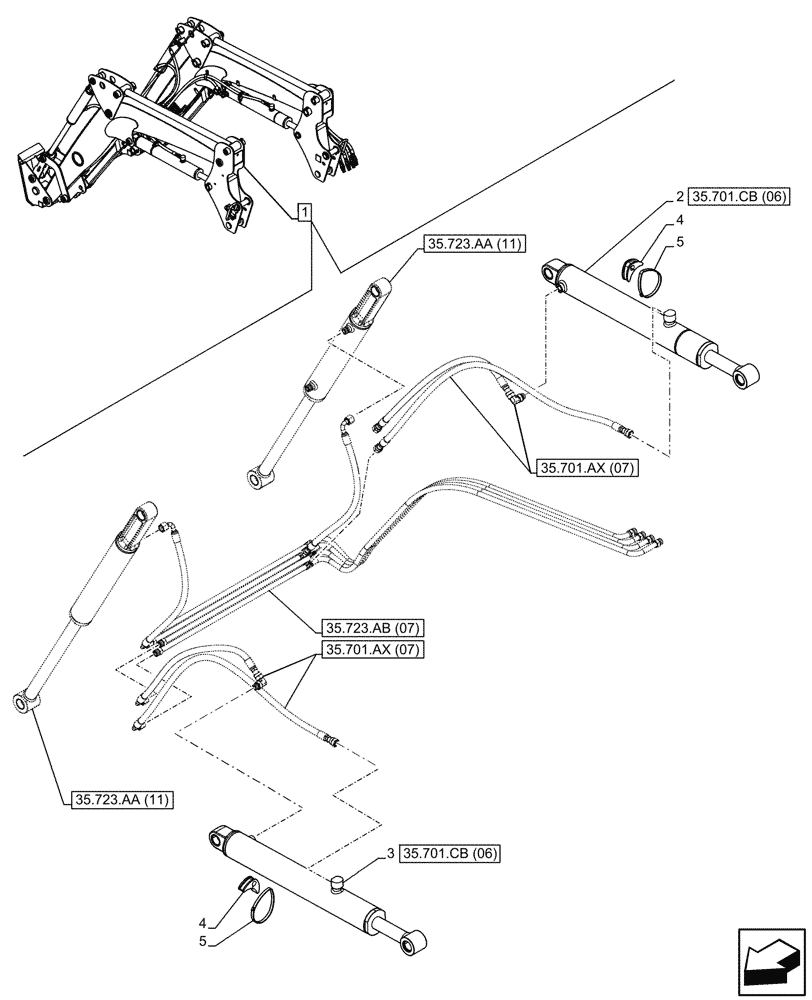 Схема запчастей Case IH FARMALL 110C - (35.701.CB[09]) - VAR - 336744, 336746 - BOOM CYLINDER, MOUNTING, W/DIVERTER, W/ SELF-LEVELING (35) - HYDRAULIC SYSTEMS