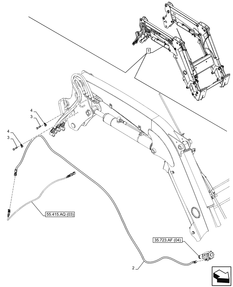 Схема запчастей Case IH FARMALL 120C - (55.415.AQ[04]) - VAR - 336734, 336736 - LOADER ARM, CABLE, W/DIVERTER, W/ SELF-LEVELING (55) - ELECTRICAL SYSTEMS