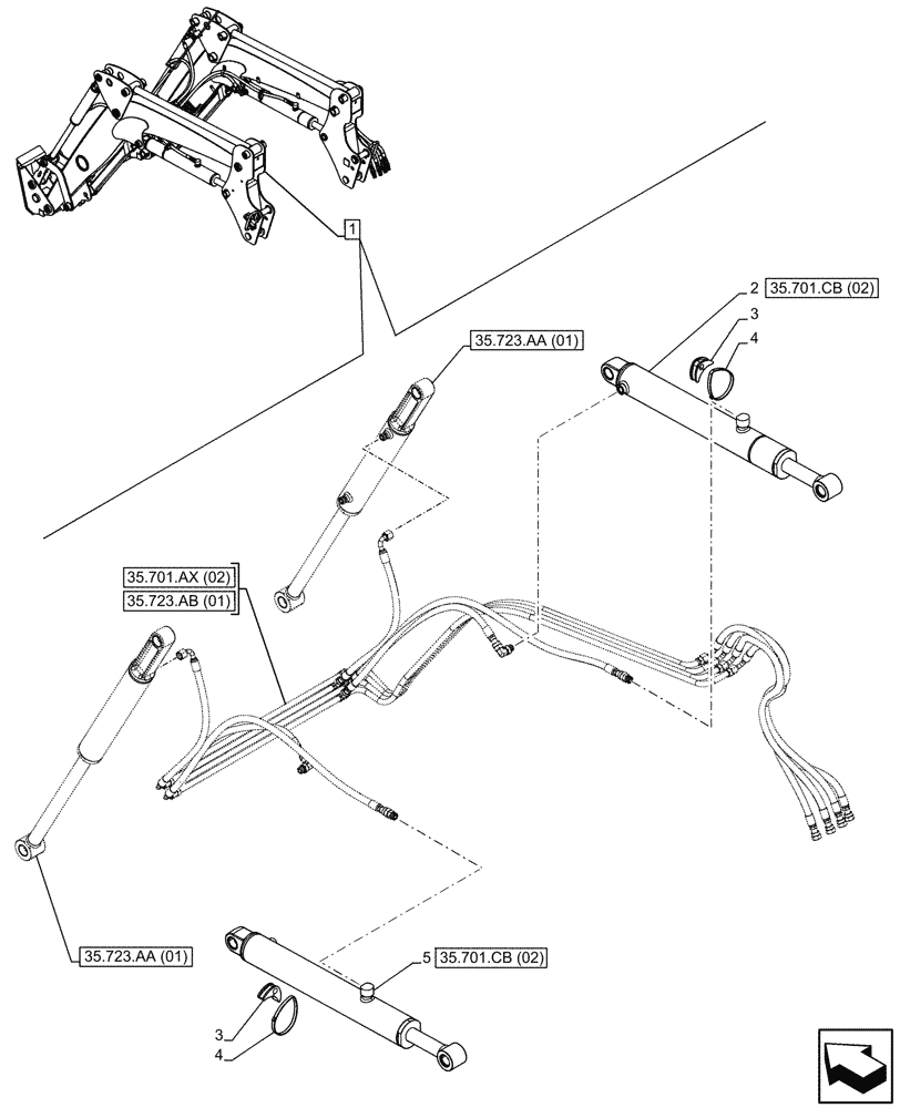 Схема запчастей Case IH FARMALL 100C - (35.701.CB[01]) - VAR - 336734, 336736 - LOADER ARM, BOOM CYLINDER, MOUNTING, W/ SELF-LEVELING (35) - HYDRAULIC SYSTEMS