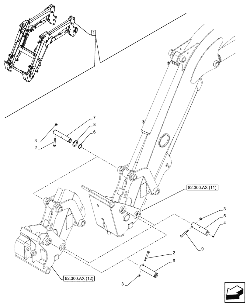 Схема запчастей Case IH FARMALL 100C - (82.300.AY[07]) - VAR - 336744, 336746 - LOADER BUCKET, PIN, W/DIVERTER, W/ SELF-LEVELING (82) - FRONT LOADER & BUCKET