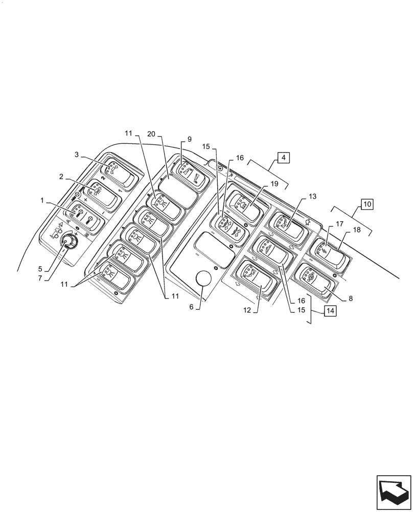 Схема запчастей Case IH PATRIOT 2250 - (55.512.CS[01]) - ARMREST SWITCH LAYOUT (55) - ELECTRICAL SYSTEMS