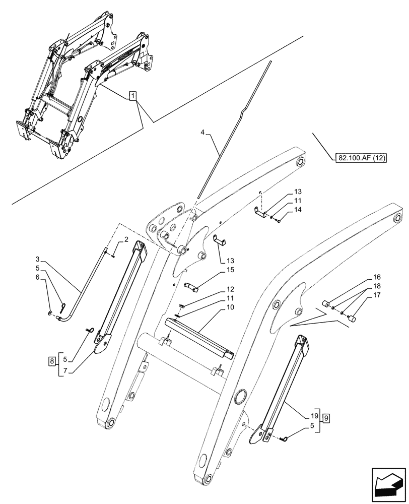 Схема запчастей Case IH FARMALL 120C - (82.100.AF[13]) - VAR - 336744, 336746 - LOADER ARM, LOCKING DEVICE, LEVEL INDICATOR, W/ SELF-LEVELING (82) - FRONT LOADER & BUCKET