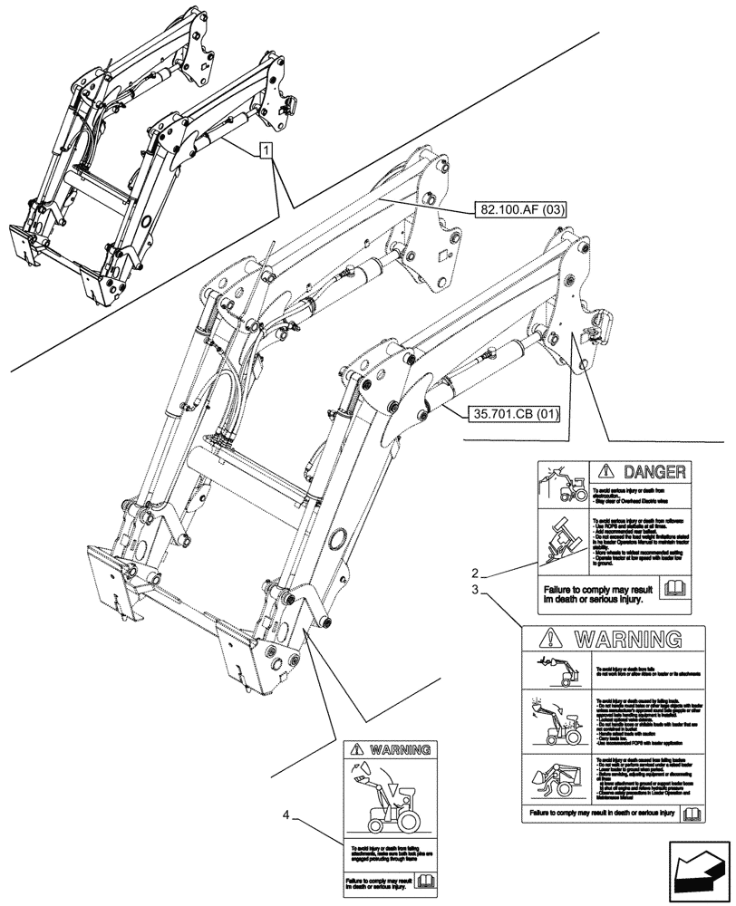 Схема запчастей Case IH FARMALL 100C - (90.108.AC[25]) - VAR - 336734, 336736 - LOADER ARM, WARNING DECAL, W/ SELF-LEVELING (90) - PLATFORM, CAB, BODYWORK AND DECALS