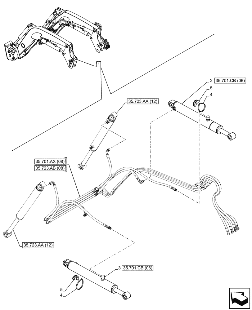 Схема запчастей Case IH FARMALL 120C - (35.701.CB[10]) - VAR - 336740, 336742 - LOADER ARM, BOOM CYLINDER, MOUNTING, W/ DIVERTER, W/O SELF-LEVELING (35) - HYDRAULIC SYSTEMS