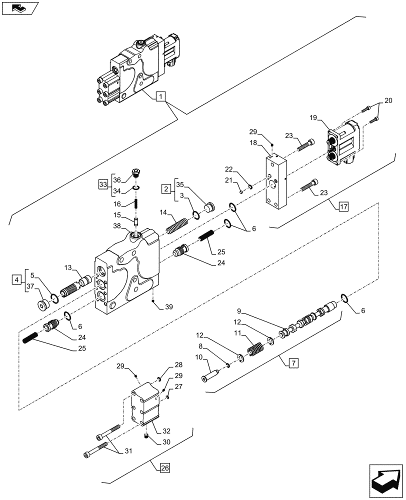 Схема запчастей Case IH PUMA 230 - (35.204.01[05]) - CONTROL VALVE SECTION, RIGHT, COMPONENTS - C7414 (35) - HYDRAULIC SYSTEMS