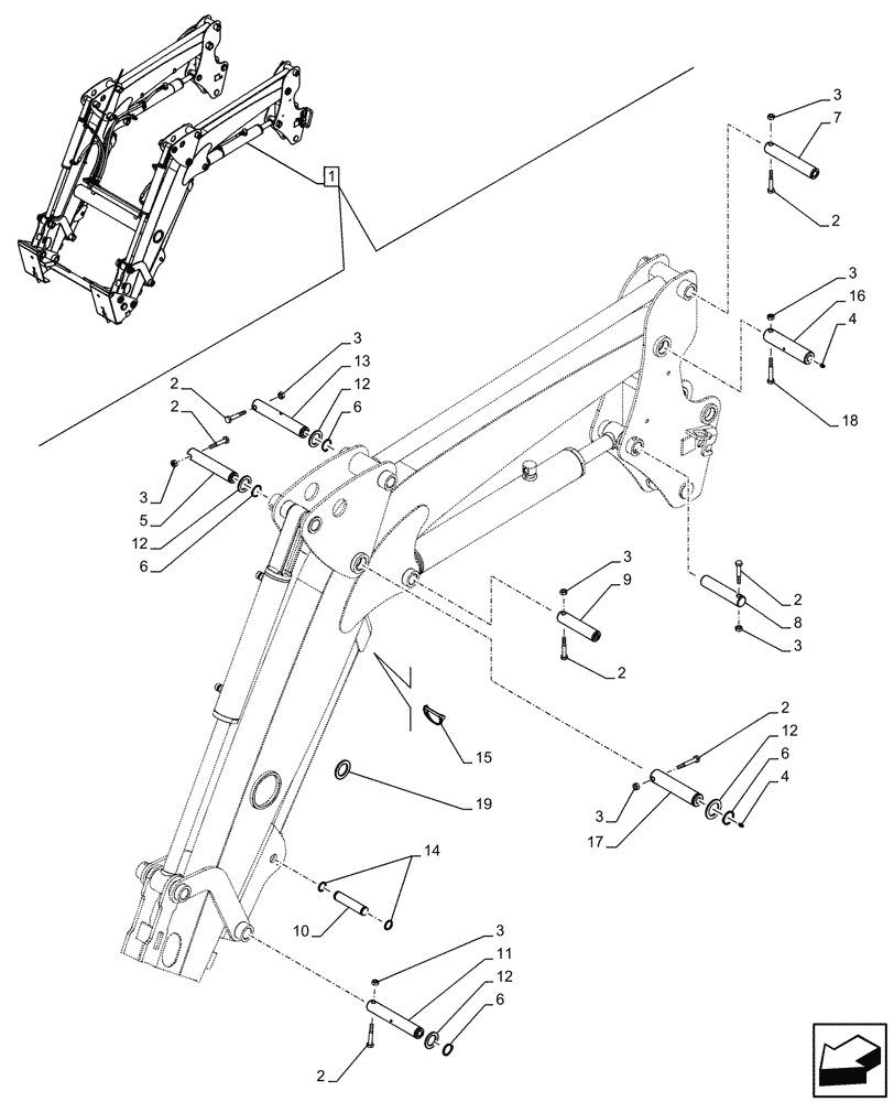 Схема запчастей Case IH FARMALL 90C - (82.100.BG[07]) - VAR - 336744, 336746 - LOADER ARM, W/DIVERTER, PIN, W/ SELF-LEVELING (82) - FRONT LOADER & BUCKET