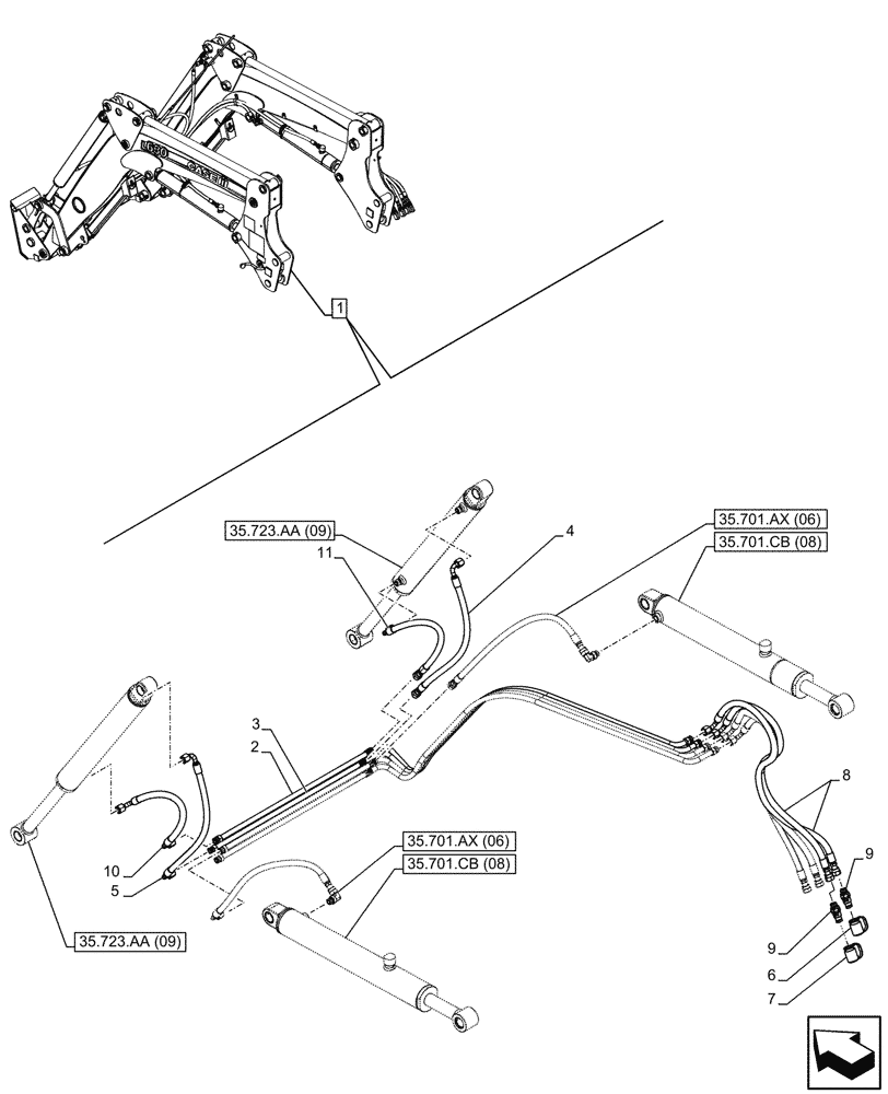 Схема запчастей Case IH FARMALL 120C - (35.723.AB[06]) - VAR - 336744, 336746 - LOADER ARM, BUCKET CYLINDER LINES, W/ SELF-LEVELING (35) - HYDRAULIC SYSTEMS