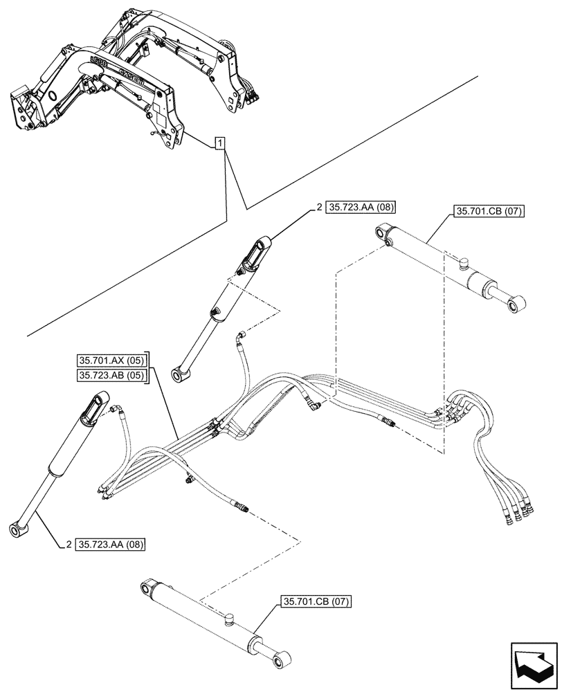 Схема запчастей Case IH FARMALL 100C - (35.723.AA[07]) - VAR - 336740, 336742 - LOADER ARM, BUCKET CYLINDER, MOUNTING, W/O SELF-LEVELING (35) - HYDRAULIC SYSTEMS