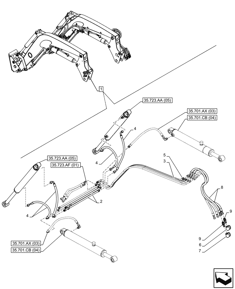 Схема запчастей Case IH FARMALL 120C - (35.723.AB[03]) - VAR - 336732, 336914 - LOADER ARM, BUCKET CYLINDER LINES, W/DIVERTER, W/O SELF-LEVELING (35) - HYDRAULIC SYSTEMS