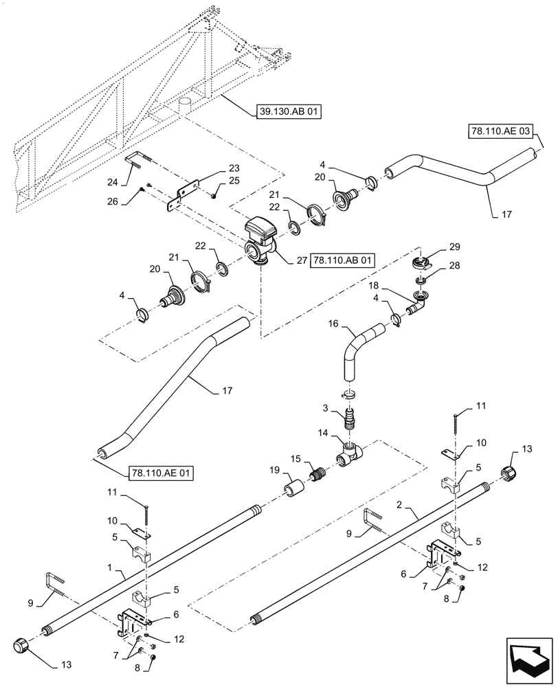 Схема запчастей Case IH PATRIOT 2250 - (78.110.AE[02]) - BOOM PLUMBING, LH, INNER, 20" NOZZLE SPACING, 5 SECTION, 80 BSN YGT042519 (78) - SPRAYING