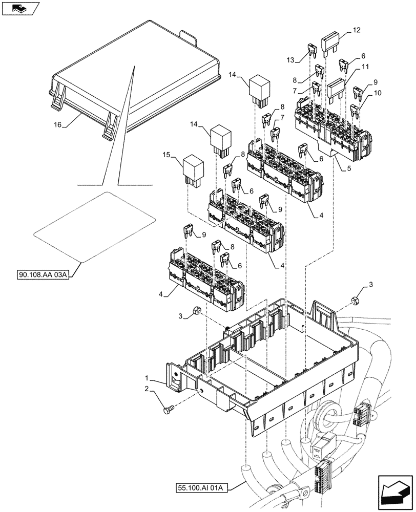 Схема запчастей Case IH FARMALL 105U - (55.100.DO[01A]) - STD + VAR - 390754 - FUSE BOX, FUSE HOLDER, RELAY, CAB, ISO - BEGIN YR 11-MAR-2013 (55) - ELECTRICAL SYSTEMS