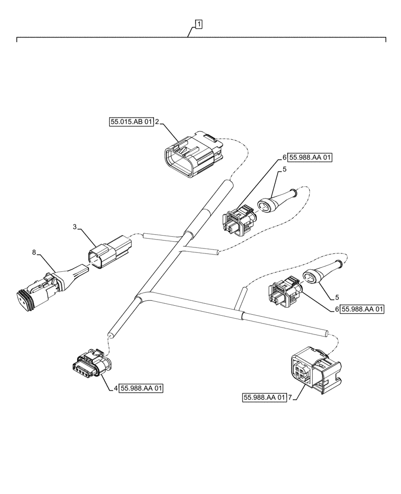 Схема запчастей Case IH FARMALL 130A - (55.988.AA[02]) - VAR - 390199 - HARNESS, DENOX, RH (55) - ELECTRICAL SYSTEMS