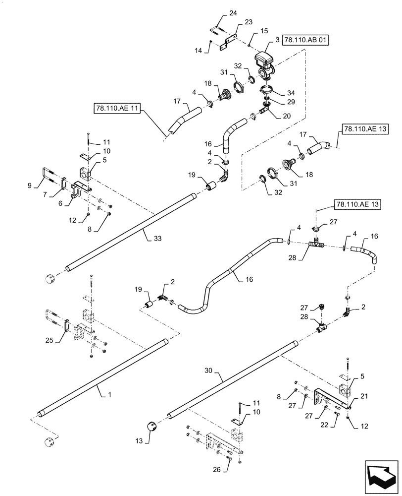 Схема запчастей Case IH PATRIOT 2250 - (78.110.AE[12]) - BOOM PLUMBING, LH, INNER, 20" NOZZLE SPACING, 6 SECTION, 80, BSN YGT042519 (78) - SPRAYING