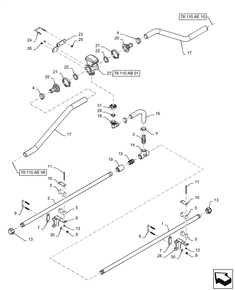 Схема запчастей Case IH PATRIOT 2250 - (78.110.AE[09]) - BOOM PLUMBING, RH, INNER, 20"/30" NOZZLE SPACING, 5 SECTION, 80 BSN YGT042519 (78) - SPRAYING