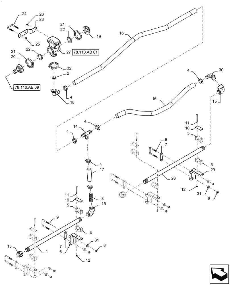 Схема запчастей Case IH PATRIOT 2250 - (78.110.AE[10]) - BOOM PLUMBING, RH, OUTER, 20"/30" NOZZLE SPACING, 5 SECTION, 80, BSN YGT042519 (78) - SPRAYING