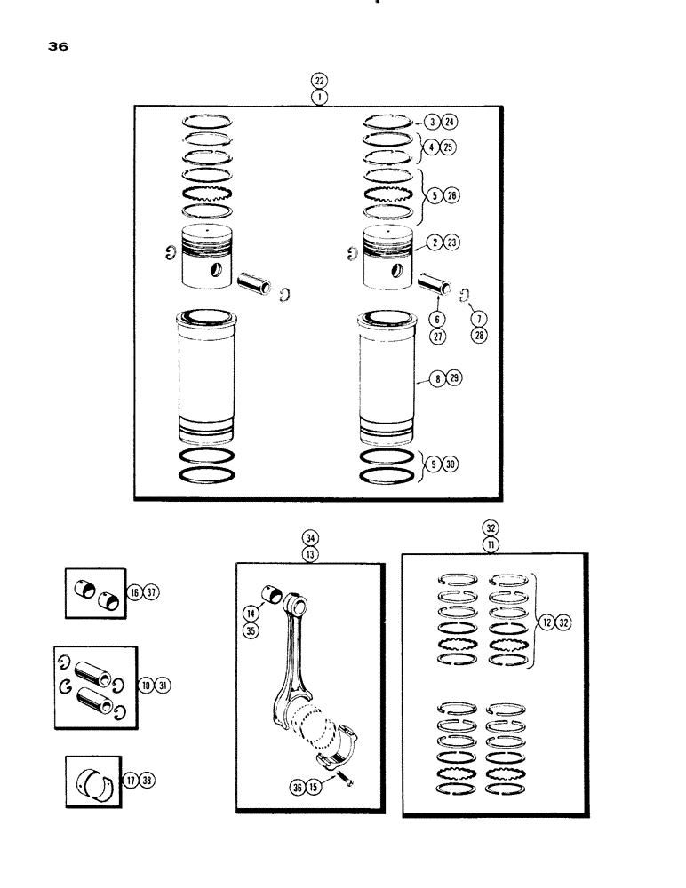 Схема запчастей Case IH 830-SERIES - (036) - PISTON ASSEMBLY AND CONNECTING RODS, MODEL 730, 267 DIESEL ENGINE AND MODEL 830, 301 DIESEL ENGINE (02) - ENGINE