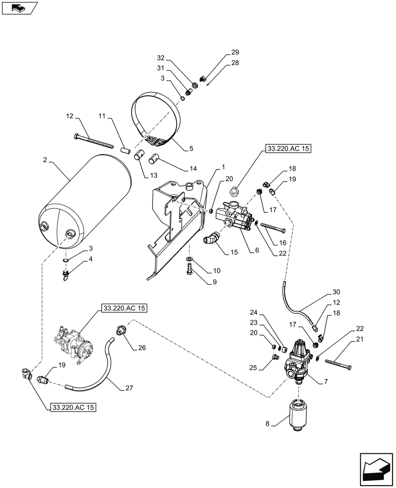 Схема запчастей Case IH FARMALL 115U - (33.220.AC[13]) - VAR - 331335 - AIR RESERVOIR, VALVE, PUMP, ISO (33) - BRAKES & CONTROLS