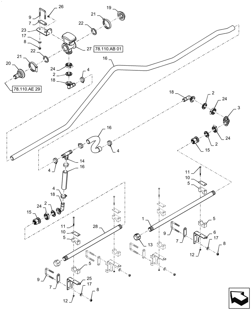 Схема запчастей Case IH PATRIOT 2250 - (78.110.AE[30]) - BOOM PLUMBING, RH OUTER, 20" NOZZLE SPACING, 6 SECTION, 90, ASN YGT042518 (78) - SPRAYING