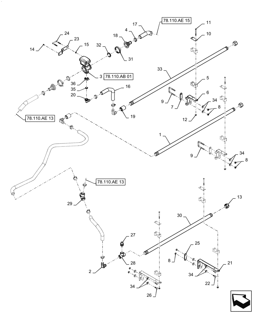 Схема запчастей Case IH PATRIOT 2250 - (78.110.AE[14]) - BOOM PLUMBING, RH, INNER, 20" NOZZLE SPACING, 6 SECTION, 80, BSN YGT042519 (78) - SPRAYING