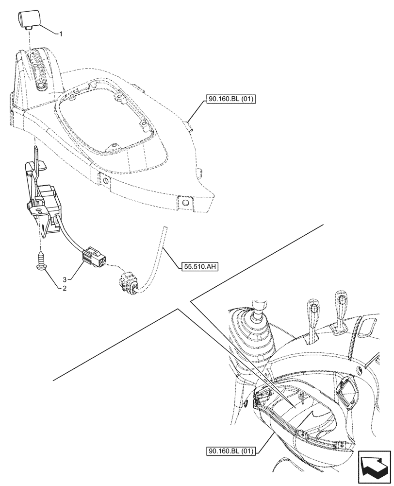 Схема запчастей Case IH FARMALL 115C - (55.525.AL[04]) - VAR - 334183, 334211, 391606, 743496, 743573, 744588 - THROTTLE CONTROL, LEVER, CAB, HI-LO (55) - ELECTRICAL SYSTEMS