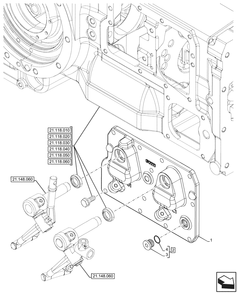 Схема запчастей Case IH FARMALL 90N - (21.118.080) - VAR - 342348, 342349, 342353, 342354, 743915 - TRANSMISSION, HOUSING, COVER, W/O MID MOUNT VALVES (21) - TRANSMISSION