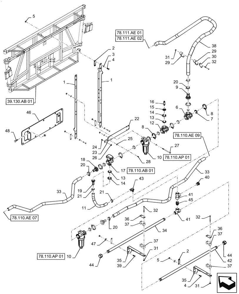 Схема запчастей Case IH PATRIOT 2250 - (78.110.AE[08]) - BOOM PLUMBING, CENTER, 20"/30" NOZZLE SPACING, 5 SECTION, 80, BSN YGT042519 (78) - SPRAYING