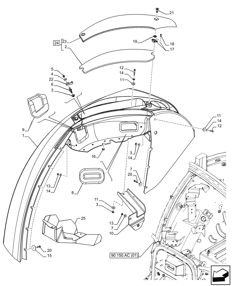 Схема запчастей Case IH FARMALL 105C - (90.116.AC[09]) - VAR - 340562, 340563, 340564, 340565 - REAR FENDER, CAB (90) - PLATFORM, CAB, BODYWORK AND DECALS