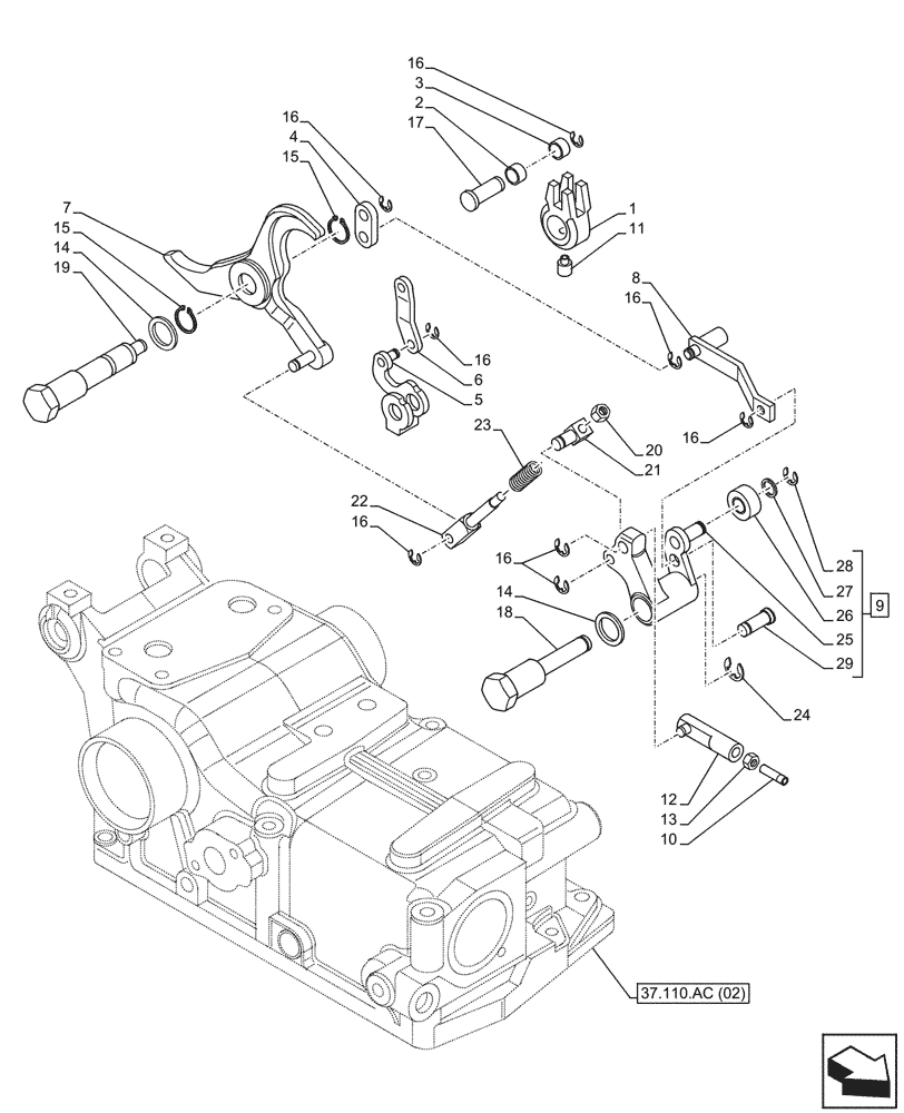 Схема запчастей Case IH FARMALL 75C - (37.110.AK[05]) - VAR - 743595, 743596 - HYDRAULIC LIFT, INSIDE, CONTROLS, TIE-ROD, LEVER (W/ LIFT-O-MATIC) (37) - HITCHES, DRAWBARS & IMPLEMENT COUPLINGS