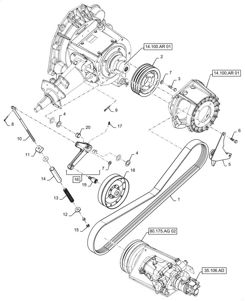 Схема запчастей Case IH 6088 - (80.175.AG[03]) - AUXILIARY PUMP BELT DRIVE, UNLOADER (80) - CROP STORAGE/UNLOADING