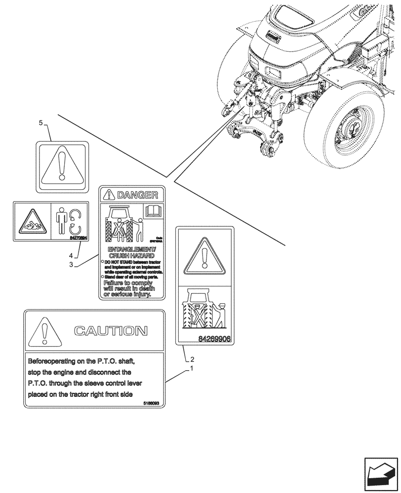 Схема запчастей Case IH FARMALL 100V - (90.108.025) - VAR - 341979, 341980, 342346, 342347, 342350, 342351, 342352, 342355, 743522 - WARNING DECAL, W/ FRONT PTO (90) - PLATFORM, CAB, BODYWORK AND DECALS