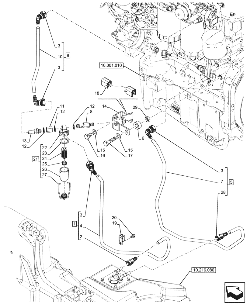 Схема запчастей Case IH FARMALL 80N - (10.216.100) - VAR - 743501, 759004 - FUEL LINE, CAB (10) - ENGINE