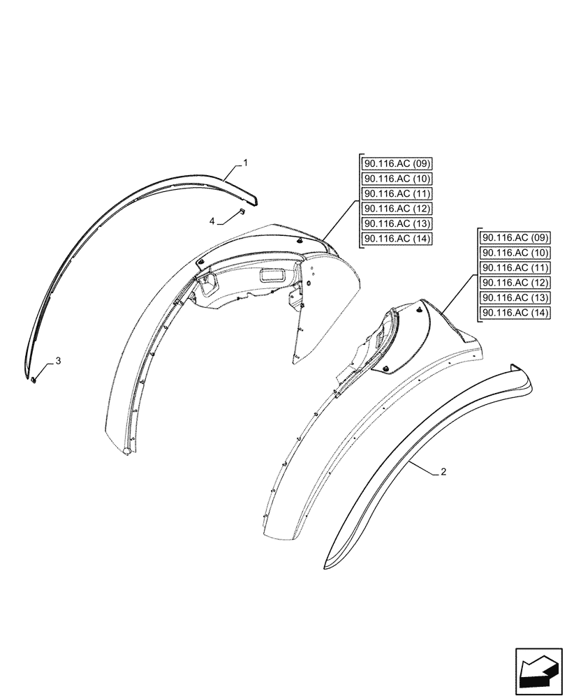 Схема запчастей Case IH FARMALL 95C - (90.116.AC[18]) - VAR - 744599 - REAR FENDER EXTENSION, WIDE (90) - PLATFORM, CAB, BODYWORK AND DECALS