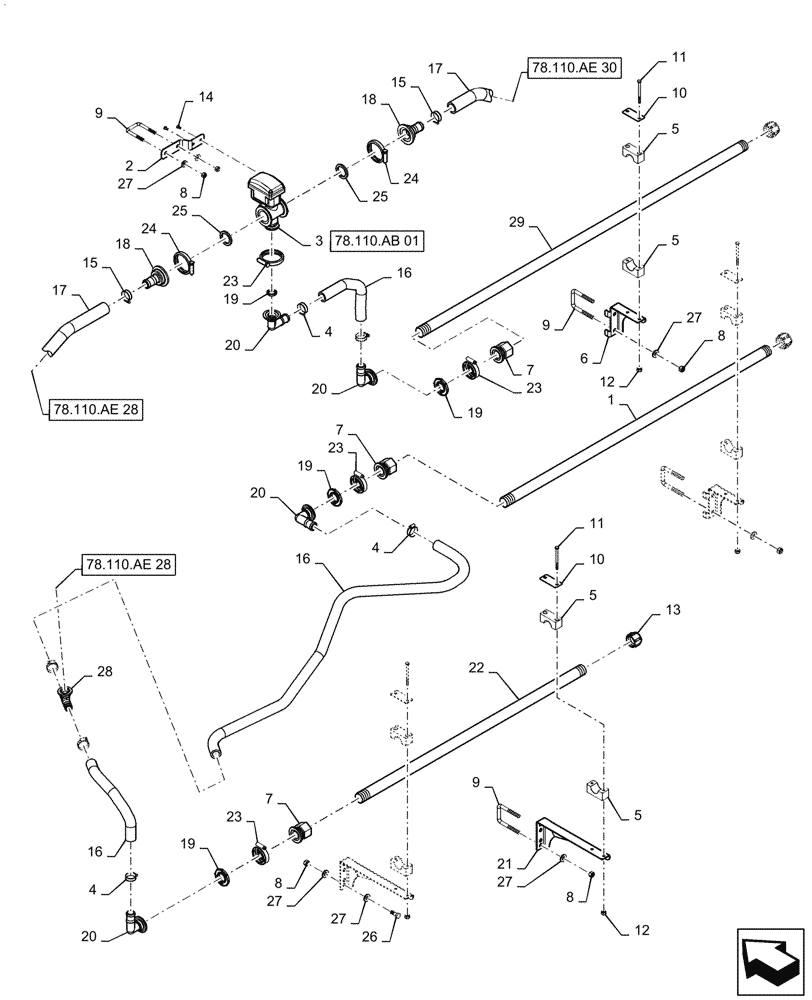 Схема запчастей Case IH PATRIOT 2250 - (78.110.AE[29]) - BOOM PLUMBING, RH, INNER, 20" NOZZLE SPACING, 6 SECTION, 90, ASN YGT042518 (78) - SPRAYING