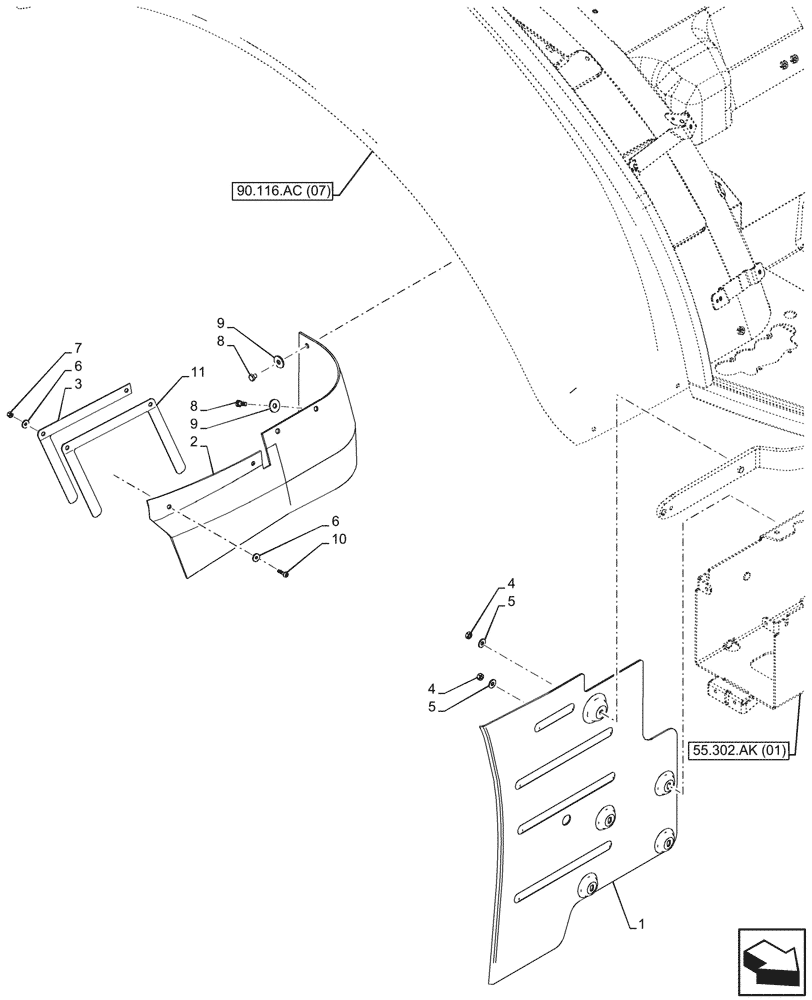 Схема запчастей Case IH MAXXUM 145 - (90.116.AG[05A]) - VAR - 743707, 743708 - MUDGUARD, W/ WIDE FENDERS, RIGHT SIDE - BEGIN YR 07-DEC-2015 (90) - PLATFORM, CAB, BODYWORK AND DECALS