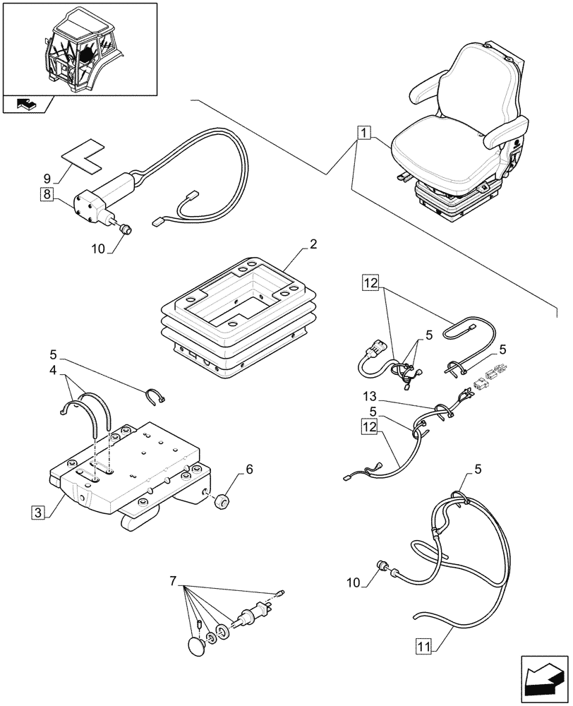 Схема запчастей Case IH FARMALL 105U - (1.93.3/02B[05]) - SWIVEL FABRIC SEAT WITH AIR SUSPENSION, SWITCH AND ARMREST - BREAKDOWN - D7342 (10) - OPERATORS PLATFORM/CAB