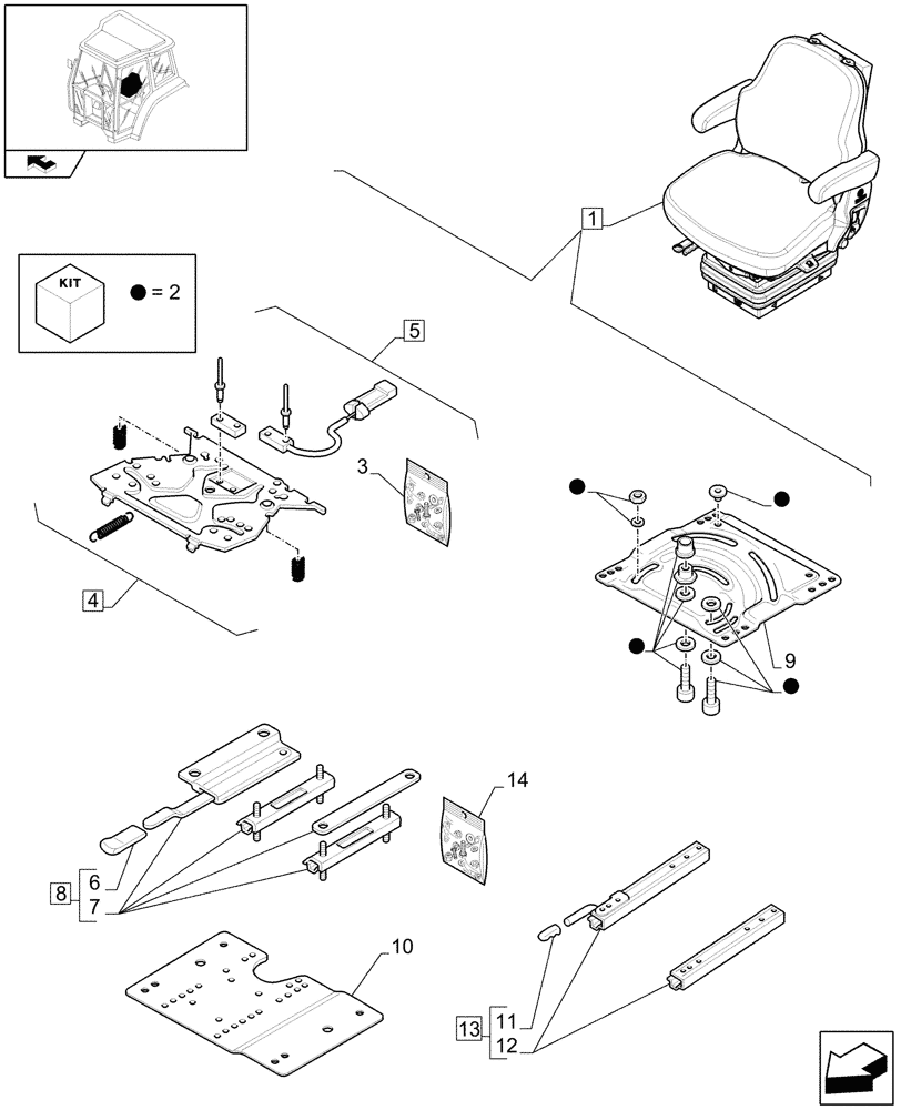 Схема запчастей Case IH FARMALL 105U - (1.93.3/02B[03]) - SWIVEL FABRIC SEAT WITH AIR SUSPENSION, SWITCH AND ARMREST - BREAKDOWN - D7342 (10) - OPERATORS PLATFORM/CAB