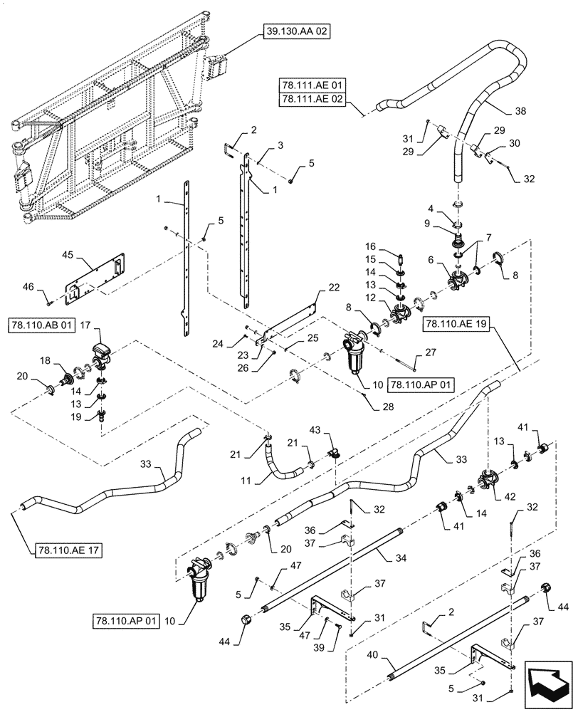 Схема запчастей Case IH PATRIOT 2250 - (78.110.AE[18]) - BOOM PLUMBING, CENTER, 20" NOZZLE SPACING, 5 SECTION, 90, ASN YGT042518 (78) - SPRAYING