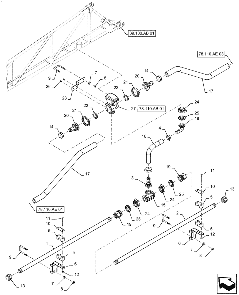 Схема запчастей Case IH PATRIOT 2250 - (78.110.AE[17]) - BOOM PLUMBING, LH, INNER, 20" NOZZLE SPACING, 5 SECTION, 90, ASN YGT042518 (78) - SPRAYING